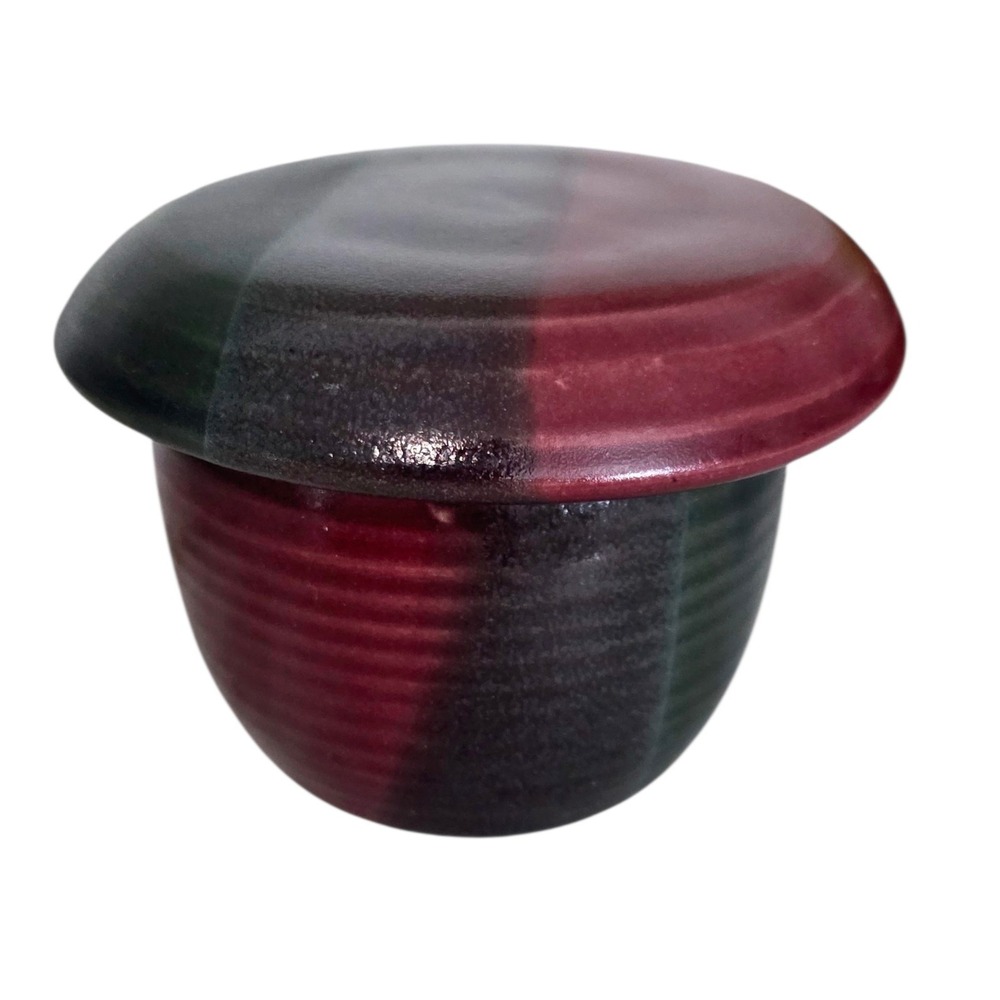 French Butter‎ Dish Crock Studio Art Pottery Artist Signed Burgundy Green Blue
